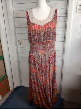 BILA Multi Color Maxi Dress Size 2X Crochet Neck Sleeveless Beach Boho Vacation